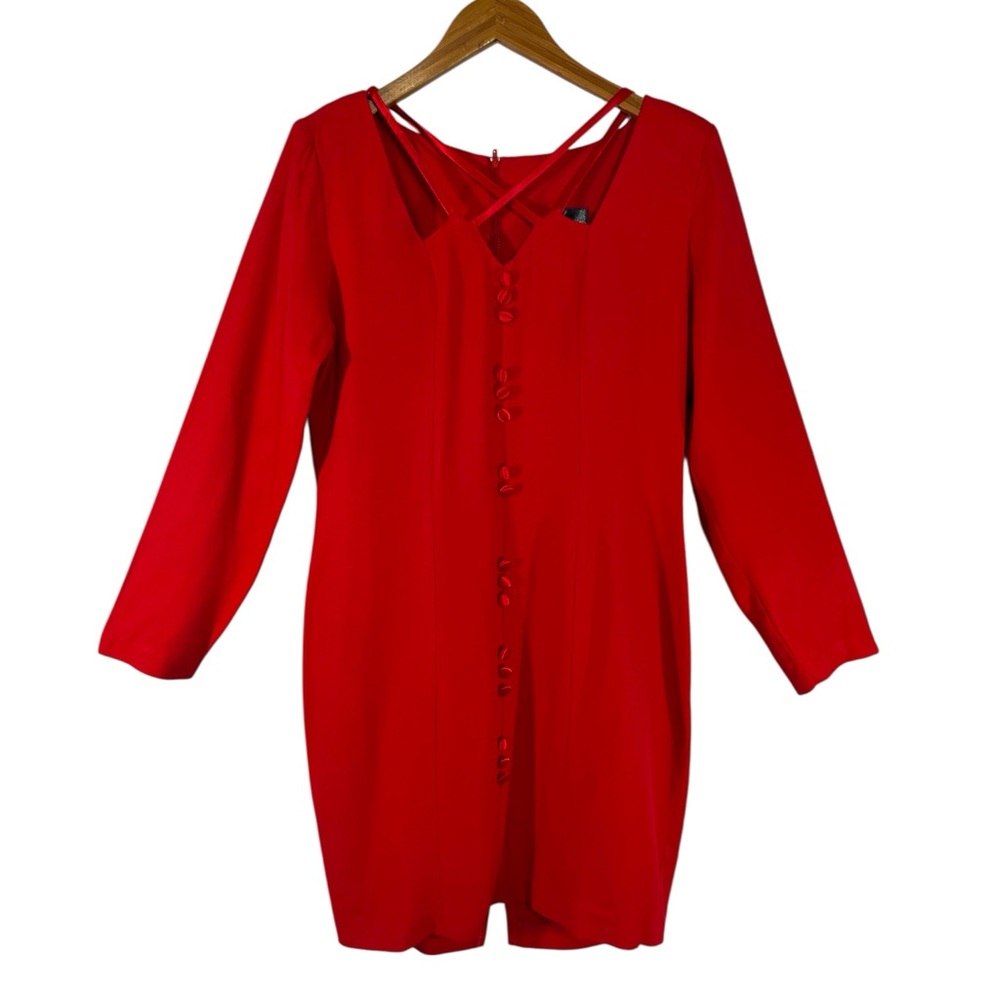 Vintage Fredericks of Hollywood Red Long Sleeve Mini Dress with Tie Back 9-10 - Picture 2 of 6